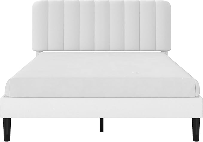 VECELO Queen Size Bed Frame with Upholstered Headboard, Velvet Platform Bedframe Mattress Foundation, Strong Wood Slat Support, No Box Spring Needed,White