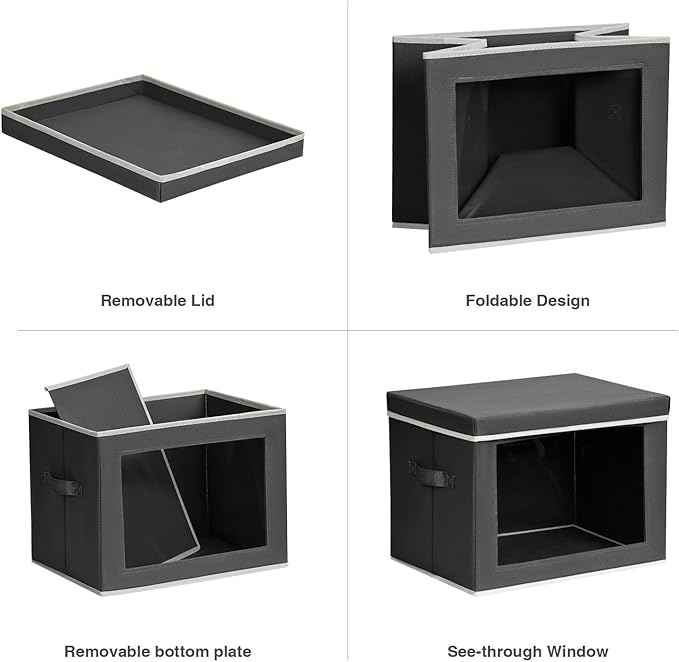 Stackable Storage Bins with Lids - Large Storage Box with Lids, Foldable Closet Boxes for Organizing, Wardrobe Clothes Organizer with Window, Cubes Bins for Living Room, 6 Pack, Dark Grey