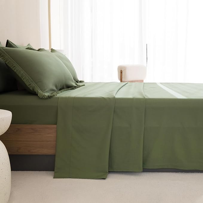 Andency Oversized King Comforter Set with Sheets 128x120 Olive Green - 7 Pieces Bed in a Bag Boho Soft Lightweight Bedding Sets, Tassel Bed Set with Comforter, Sheets, Pillowcases & Shams