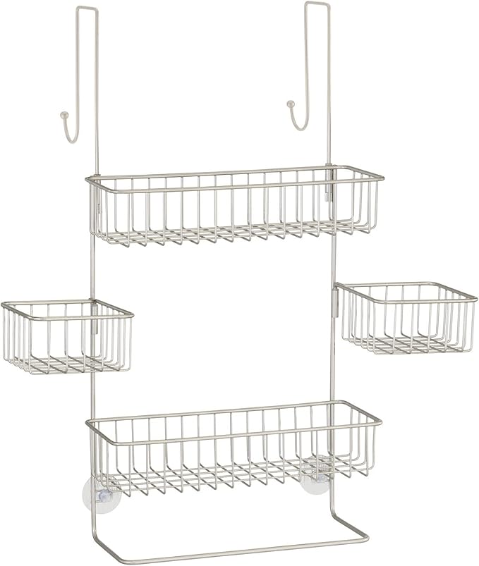 mDesign Steel Over The Door Shower Caddy - Hanging Shower Organizer Rack w/ 4 Baskets, 2 Hooks - in-Shower Hanging Caddy for Bathroom - Over Door Shower Caddy Hanger - Klypon Collection - Matte Satin