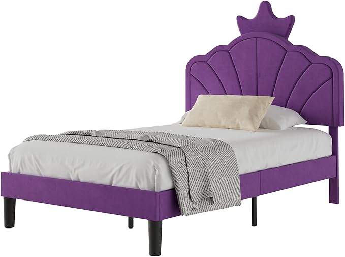 VECELO Twin Size Bed Frame with Crown Headboard, Upholstered Platform Bedframe with Strong Wood Slat Supports, No Box Spring Needed, Purple