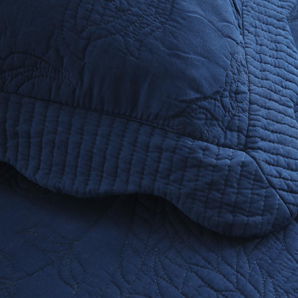 Cotton Bedspread Quilt Sets, Real Patchwork Bedding Sets with Luxury Floral Paisley Pattern, 3 Pieces Reversible Soft Lightweight Coverlet for All Season, Navy Blue, Queen Size