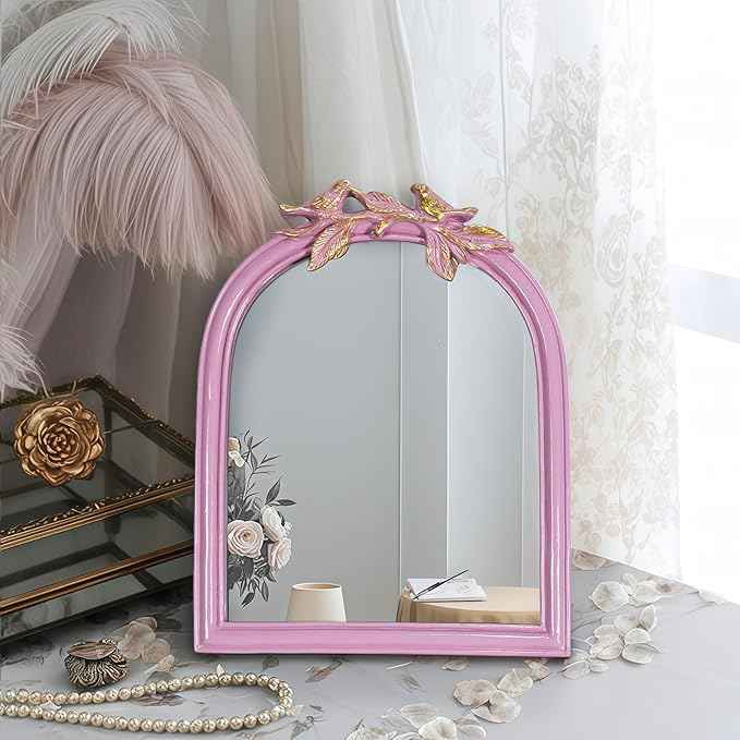 Pink Bird Bow Mirror - 13x10 Inch Perfect Elegant Decorative Accent, Wall-Mounted Tabletop Makeup Mirror for Nursery Baby Room Bedroom Decor