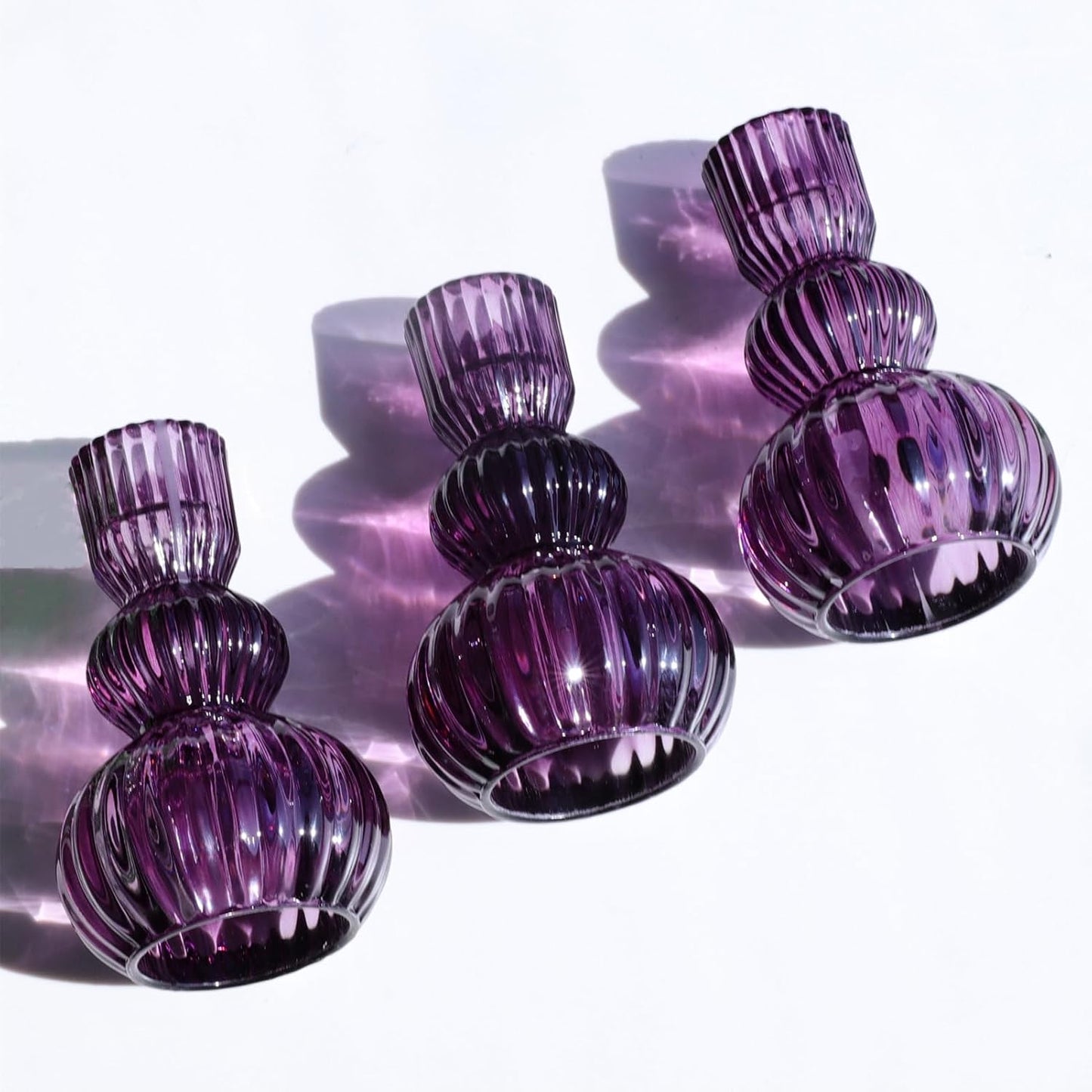 Woho Set of 6 Purple Taper Candle Holders 4.3" H for Halloween Decorations, Vintage Ribbed Glass Candlestick Holders for Wedding Table Centerpiece, Candle Sticks Holder Decor for Holiday Home Decor
