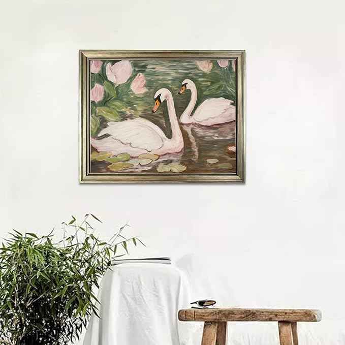Swan Wall Art Vintage Framed Animal Wall Decor Pink and Green Girls Room Decor Girly Office Canvas Print Painting Home Artwork