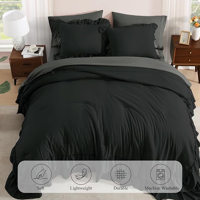 King Size Comforter Set Black, Ruffle Shabby Chic Bedding Set Farmhouse 7 Pieces, All Season Fluffy Bed in a Bag with Sheets, Pillowcases & Shams