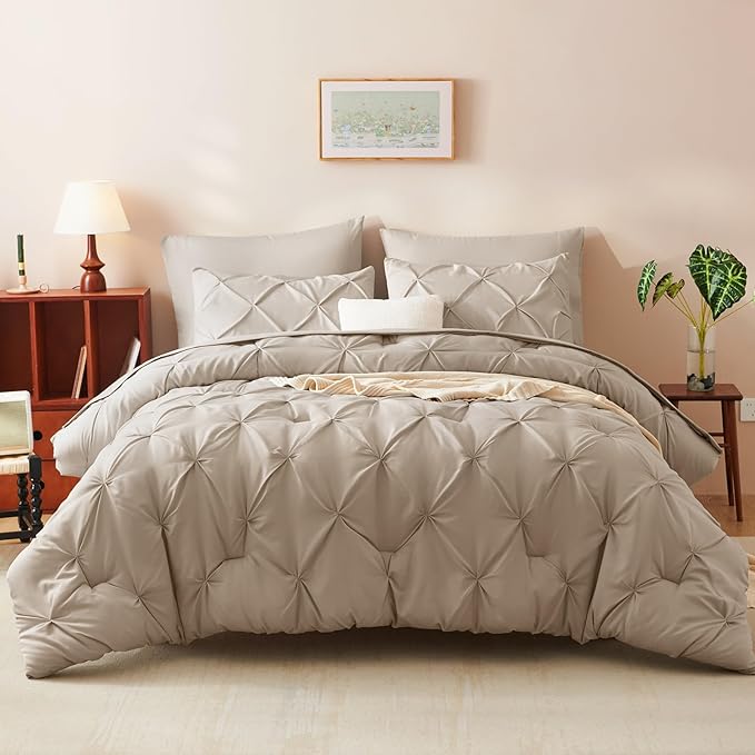 CozyLux Full Size Comforter Sets Wheat, 7 Pieces Pintuck Bed in A Bag Wheat Comforter Full Size, Pinch Pleat Bedding Sets with All Season Comforter, Sheets, Pillowcases & Shams