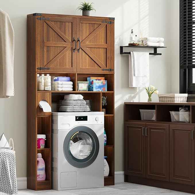 Vabches Over The Toilet Storage Cabinet, Farmhouse Storage Cabinet Over Toilet with 2 Barn Doors ,Toilet Paper Holder Stand,Home Space-Saving Toilet Rack, for Laundry, Restroom, Bathroom.Caramel.