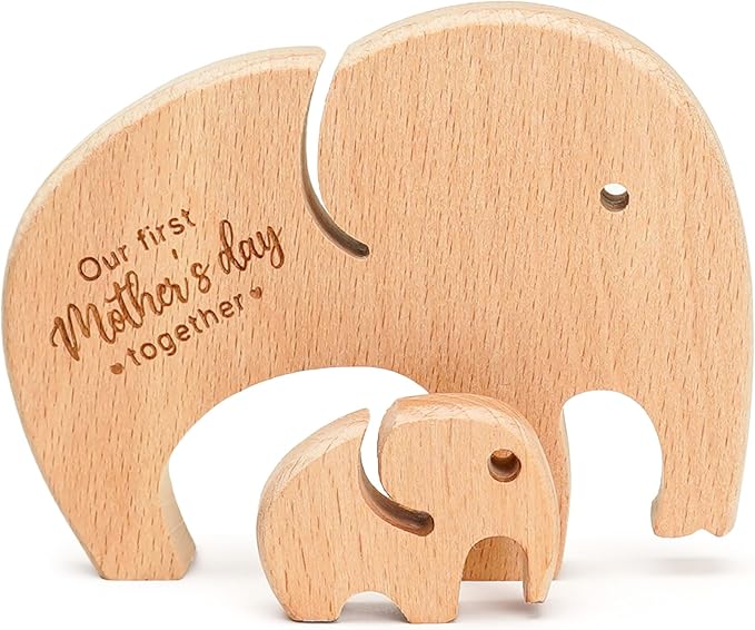 NELXI First Time Mom Gifts, Elephant Mom and Baby Wooden Decor Keepsake, Our First Together Engraved Sign, Meaningful Present for Wife, Sentimental Nursery Tabletop Decor
