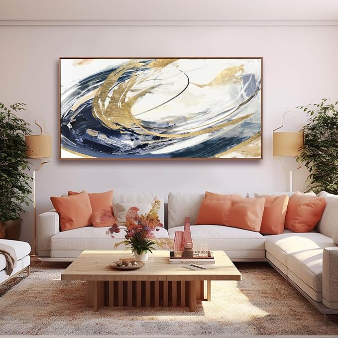 SDYA Large Artwork Abstract Painting 30"x 60"Gold Wall Decor Abstract Wall Art for Living Room Blue Artwork for Bedroom Kitchen Home Wall Decor