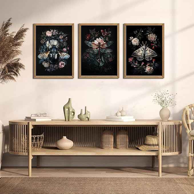Dark Botanical Insect Canvas Wall Art Gothic Insect And Botanical Posters Prints Dark Academia Moody Floral Cottagecore Art Painting Vintage Dragonfly Beetle Moth Pictures Wall Decor Framed
