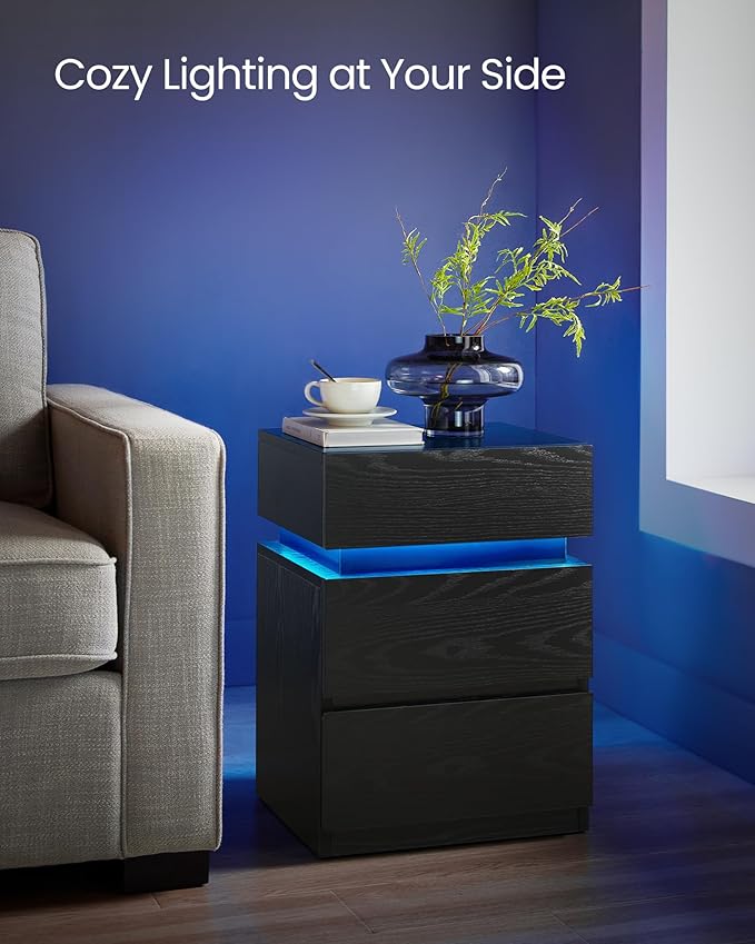 VASAGLE Nightstand with LED Lights, Adjustable Light Colors, Bedside Table, Side Table with 3 Drawers, Modern Style, 13.8 x 15.7 x 21.7 Inches, Ebony Black LET630T58