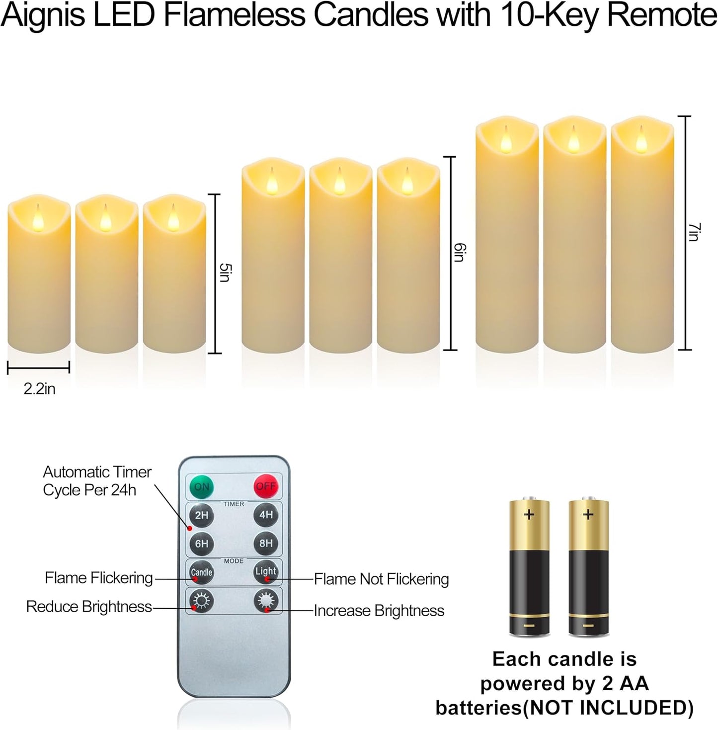 Aignis 2pcs Flameless LED Candles Battery Operated with 10-Key Remote Timer, Indoor Heat Resistant, 3D Wick with Warm Flickering Glow for Cozy Home/Wedding/Holiday Décor (D 2.2" x H 6")