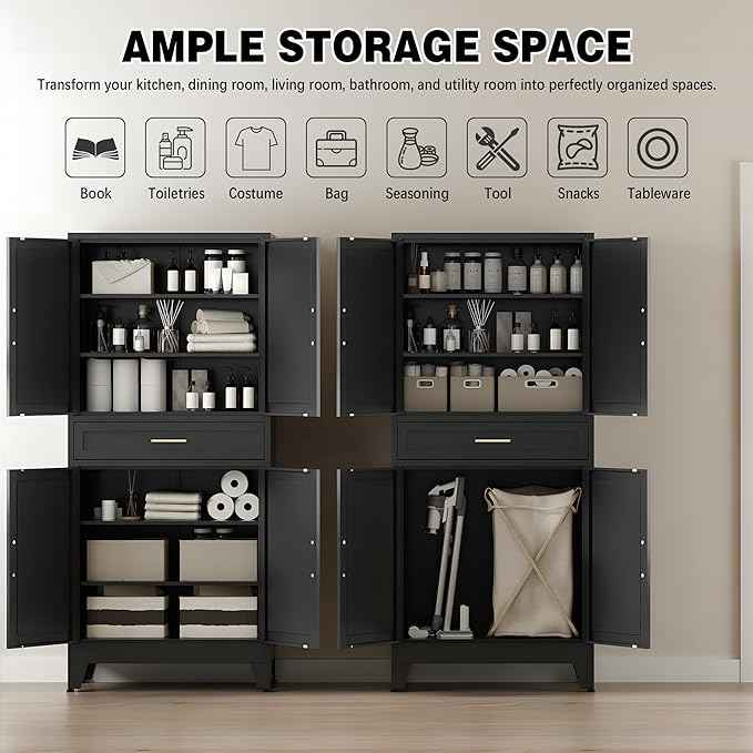 COFaR 71" Tall Metal Storage Cabinet with 4 Doors and 4 Adjustable Shelves, 6-Tier Farmhouse Storage Cabinet with Drawers and Legs, for Office, Home, Garage, Gym, School, Living Room, Hallway(Black)