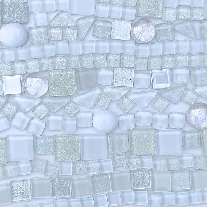 LITMIND 1.1 LB White Irregular Glass Mosaic Tiles with Backing, Assorted Mosaic Shapes for Creative Crafts – Ideal for Adult Mosaic Kits, Puzzles, and Artwork Projects