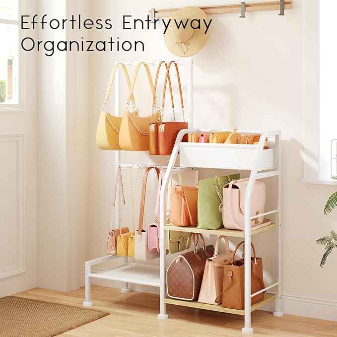 Purse Organizer for Women - 3-Tier Storage Stand & 12 Fixed Hooks, Visible Backpack Storage, Space-Saving Bag Organizer Rack for Home, Closet, White