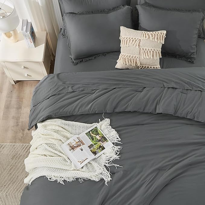 Andency Oversized King Comforter Set with Sheets 128x120 Dark Grey - 7 Pieces Bed in a Bag Boho Soft Lightweight Bedding Sets, Tassel Bed Set with Comforter, Sheets, Pillowcases & Shams