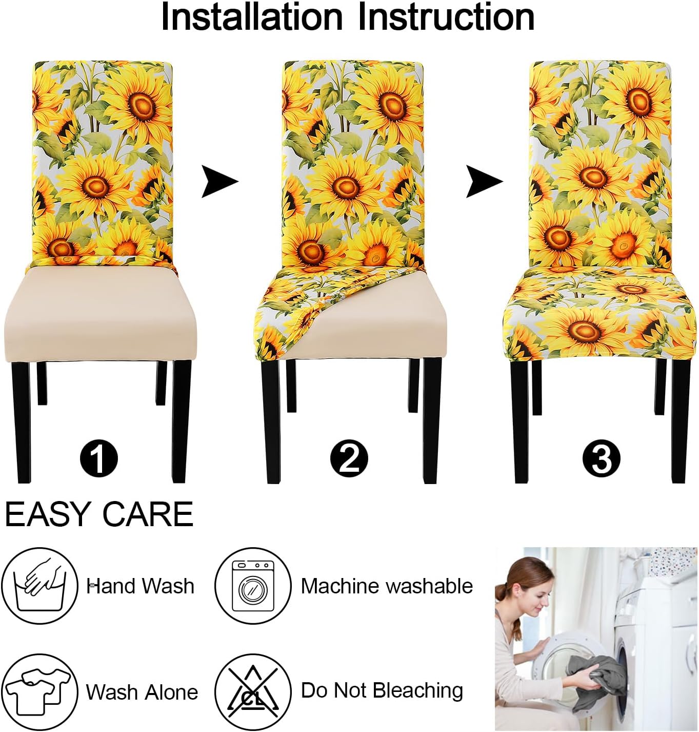 JQinHome Pattern Chair Covers for Dining Room Set of 2, High Stretch Removable Washable Parsons Chair Slipcover for Home Party Hotel Wedding Ceremony (Sunflower,2PCS)