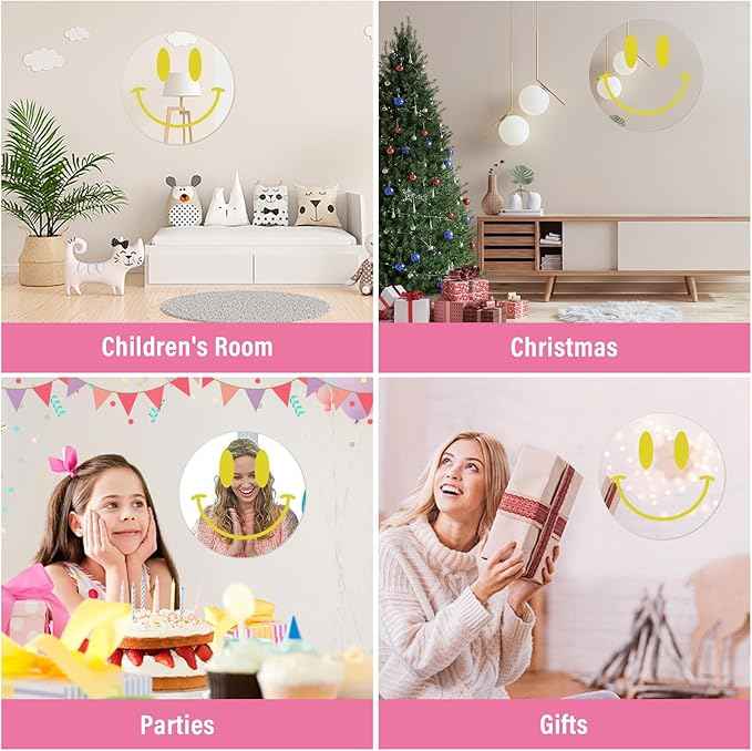 DARENYI Yellow Preppy Mirror Circle, 12 inch Smiling Face Aesthetic Mirror for Teen Girls Preppy Room Wall Decor