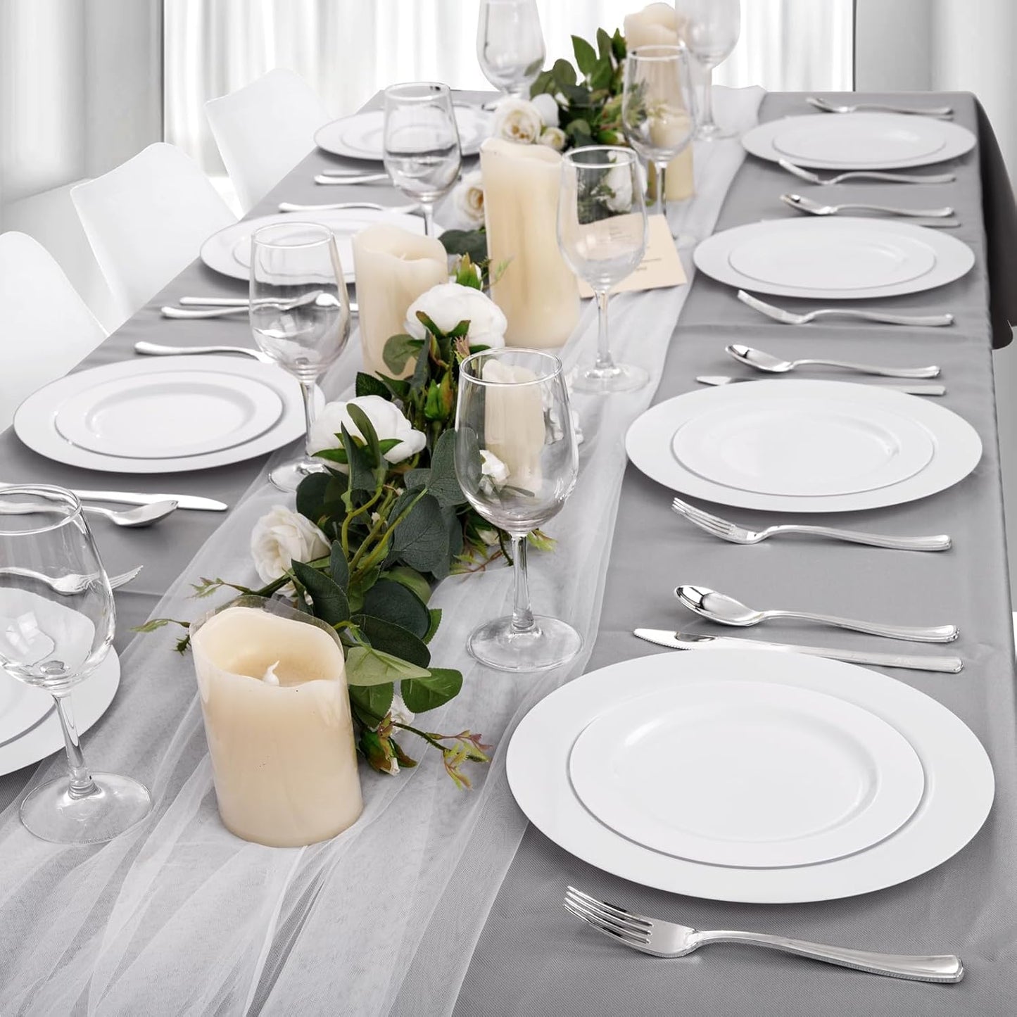 FLOWERCAT 60PCS White Plastic Plates - Heavy Duty White Disposable Plates for Birthday Party/Wedding -serve for 30 guests Include 30PCS 10.25" Dinner Plates & 30PCS 7.5" Dessert Plates for Party