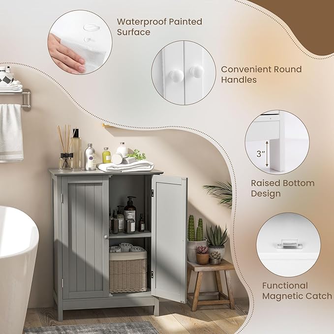 COSTWAY Bathroom Storage Cabinet, Freestanding Bathroom Organizers and Storage with Doors & Adjustable Shelf, Wooden Floor Cabinet for Home, Living Room, Entryway, Kitchen (Grey)