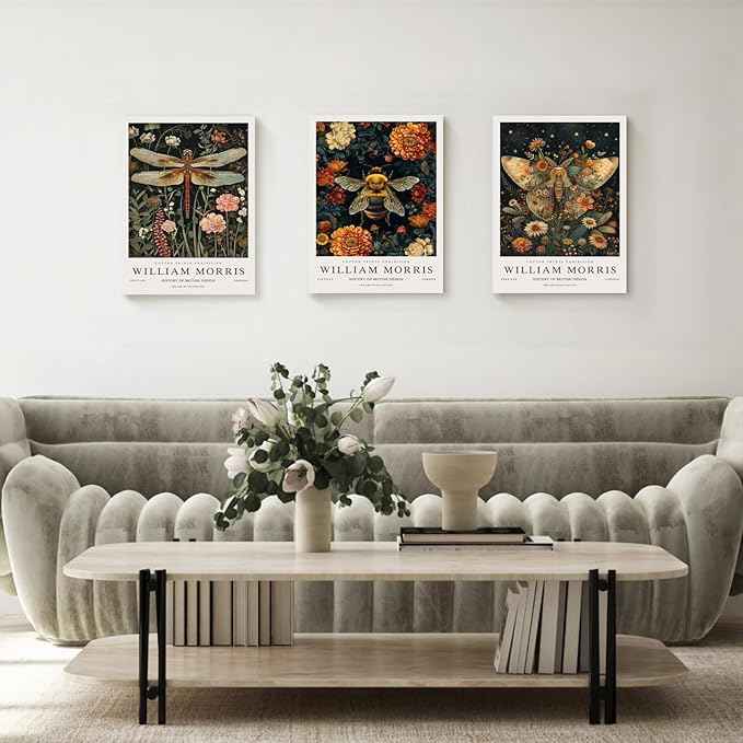 Hianan William Morris Animal Botanical Inspired Canvas Wall Art, Vintage Dragonfly Bee Butterfly Poster Prints, Maximalist Nature Flower Aesthetic Pictures for Living Room Bedroom Framed 12"x16"x3