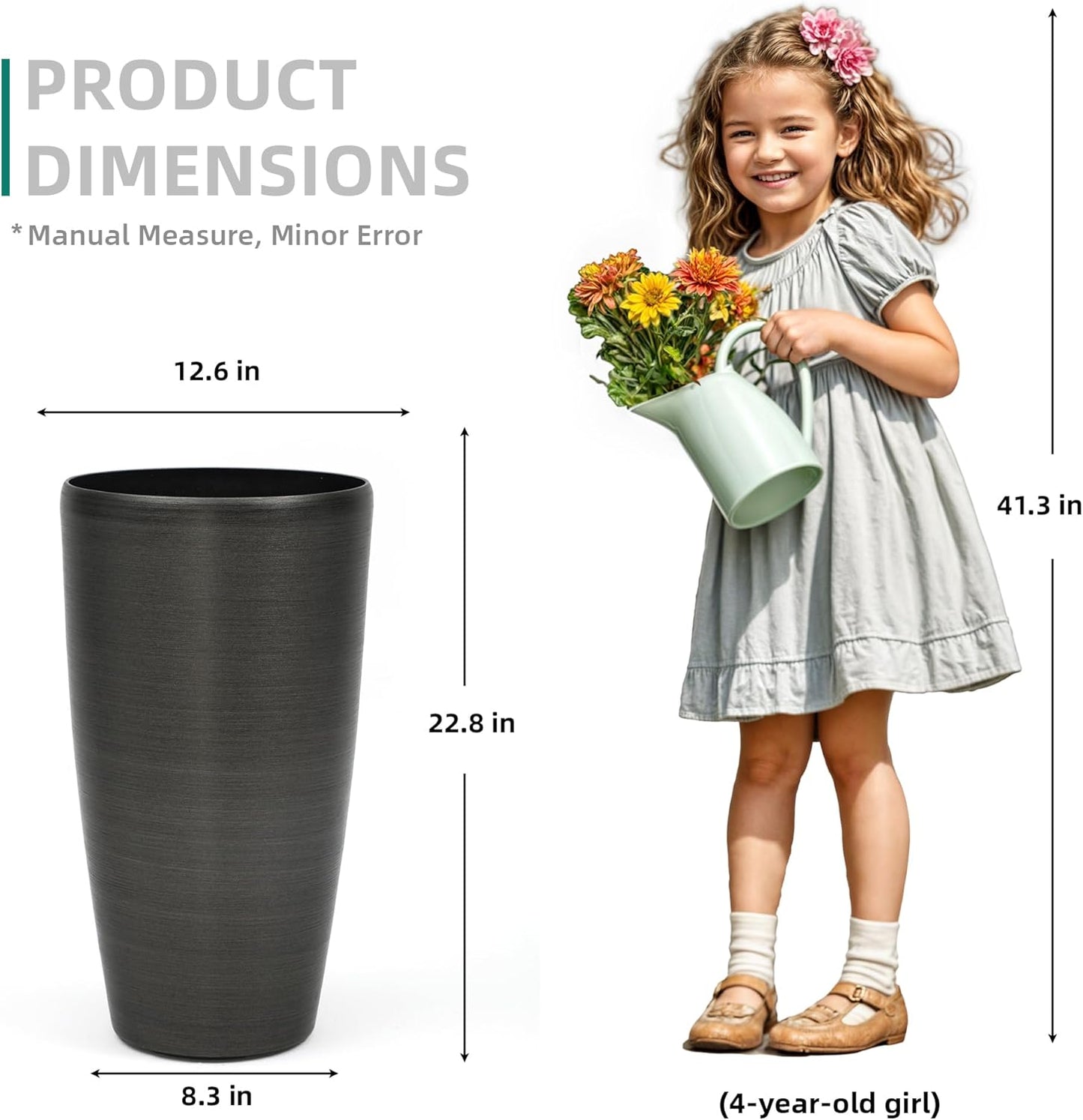 22.8" Resin Planters for Outdoor Plants, Set of 2 Modern Large Flower Pots with Handmade Brushed Metal Finish, Weather Resistant for Indoor/Outdoor Year-Round Use