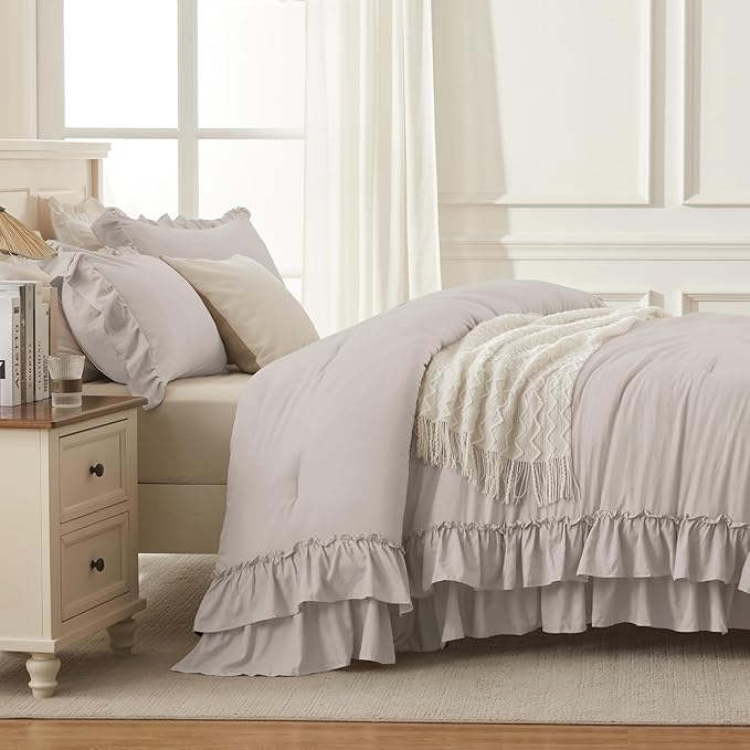 Andency Linen California King Comforter Set (104x96Inch), 3 Pieces Farmhouse Shabby Chic Ruffle Bedding Sets, Lightweight Fluffy Soft All Season Bed Set