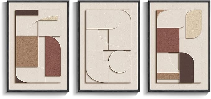 3D Textured Framed Neutral Wall Art, Brown Tan Beige Geometric Texture Artwork for Walls, 3 Piece Minimalist Modern Sandstone Art Painting for Living Room Hallway Office Kitchen Wall Decor, 16x24 Inch