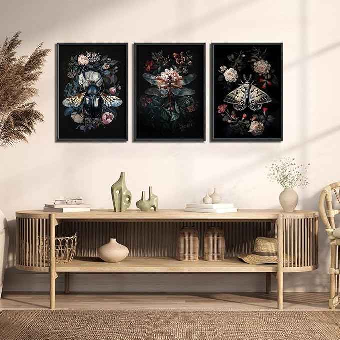 Dark Botanical Insect Canvas Wall Art Gothic Insect And Botanical Posters Prints Dark Academia Moody Floral Cottagecore Art Painting Vintage Dragonfly Beetle Moth Pictures Wall Decor Unframed