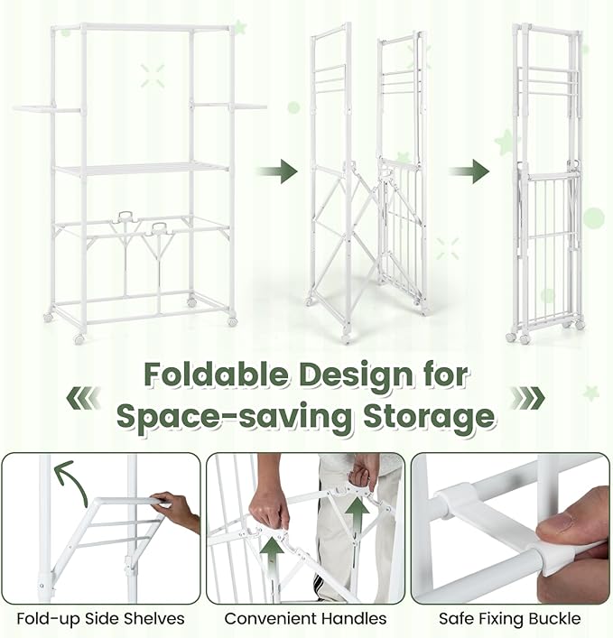 Tangkula Foldable Clothes Drying Rack, 68.5" Aluminum Laundry Rack with Hanging Rods & Drying Shelves, Universal Wheels with Brakes, Indoor Outdoor Garment Rack for Household Use (White)