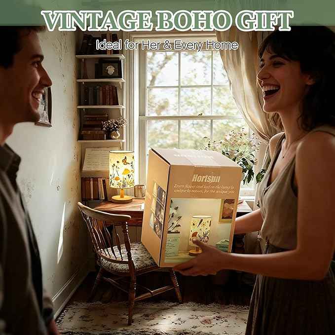 Hortsun Pressed Flower Lamp Vintage Table Small Lamp Cottagecore Decor Boho Night Light Decorative Rustic Night Light for Living Room, Bedroom or Office, Christmas Gift for Women