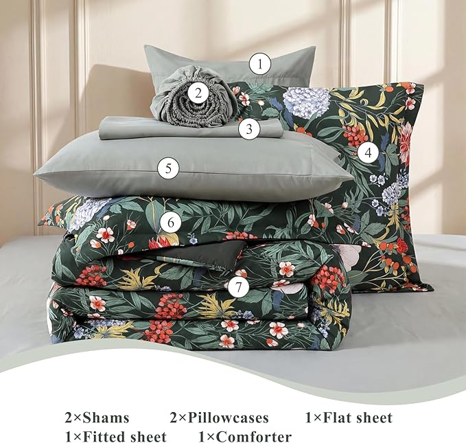 CASAAGUSTO King Size Comforter Set-7 Pieces Green Botanical Floral Bedding, Flowers Printed Design King Bed in a Bag with Botanical Flowers Comforter, Sheets, Pillowcases & Shams