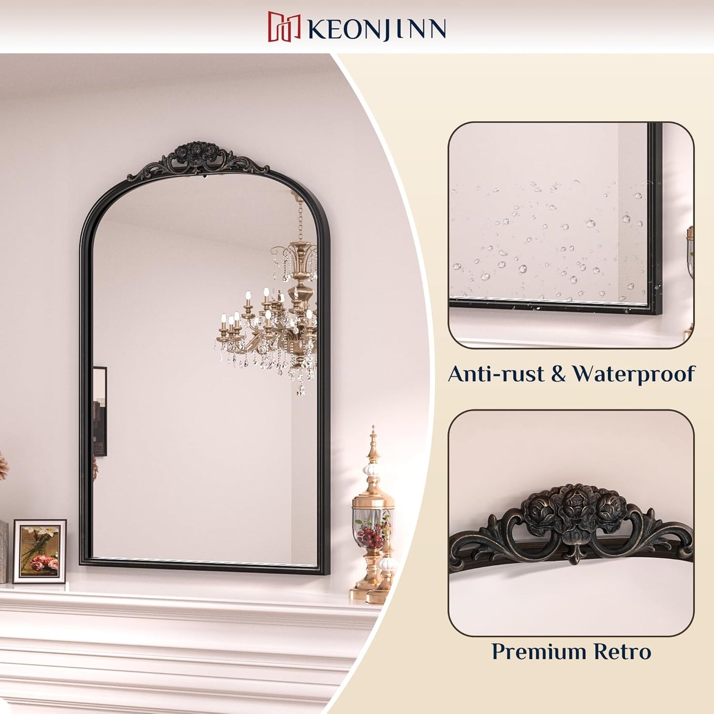 Keonjinn Black Vintage Arched Mirror for Wall, 16" x 24" Antique Mirrors with Metal Frame, Baroque Style Decoration for Mantle, Bathroom, Living Room, Fireplace, Bedroom, French Cleat Mounting