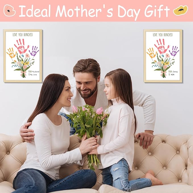 QOUBAI Colorful Flower Bouquet Handprint Art Craft DIY Kit Mother's Day Gifts From Daughter or Son Fun Family Handprint Keepsake with Wood Frame for Mom Grandma Birthday Christmas 12x16 Inch