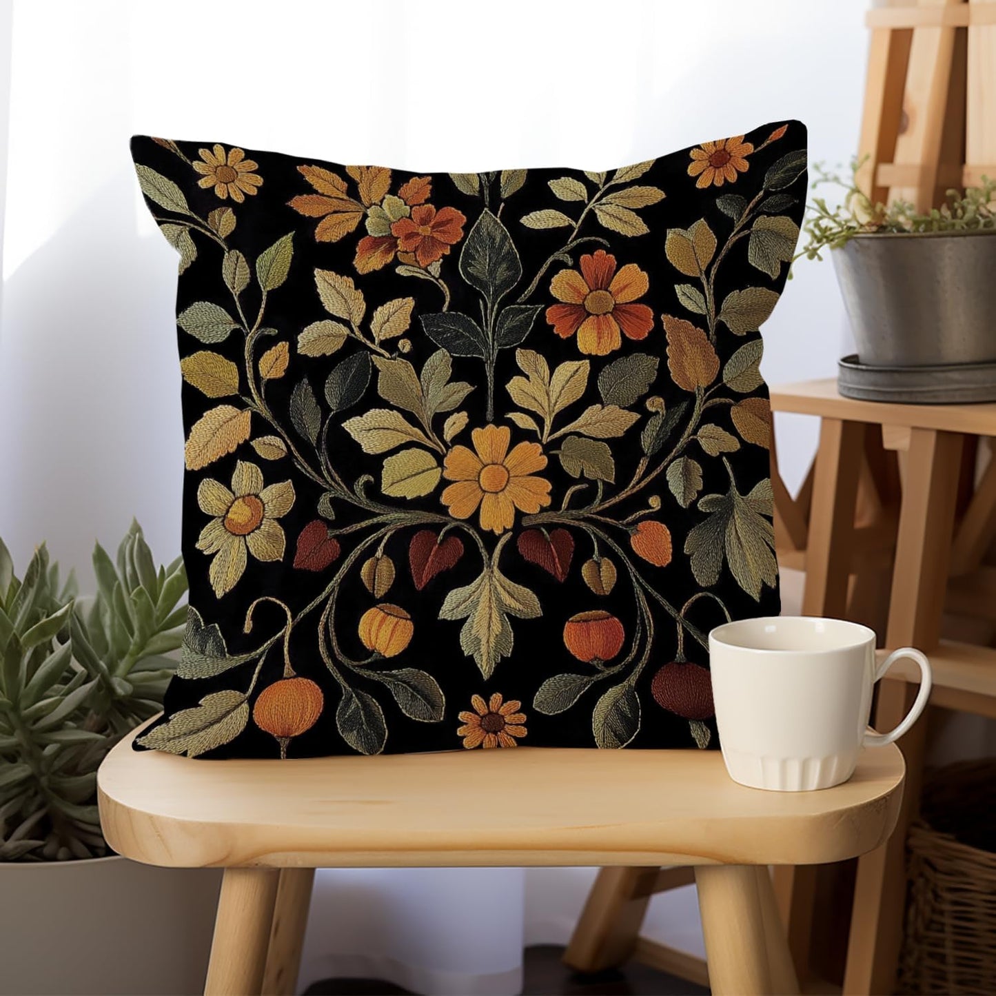 William Morris Abstract Vintage Print Floral Velvet Design Throw Pillow Covers Home Decor, Retro Art Deco Pillowcase Cushion Cover for Bed Sofa Living Room, Square 18x18inch (Black-Floral2)