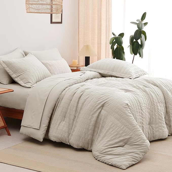 CozyLux Twin Comforter Set with Sheets Seersucker 5 Pieces, Beige Bed in a Bag for Bedroom, Textured Luxury Soft Bedding Set with Down Alternative Comforter, Sheets, Pillowcase & Sham for All Seasons