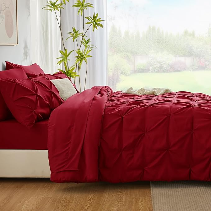 CozyLux Queen Comforter Set Dark Red, 7 Pieces Pintuck Bed in A Bag, Premium Red Comforter Queen Size, Pinch Pleat Bedding Sets with Comforter, Sheets, Pillowcases & Shams
