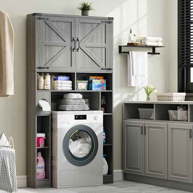 Vabches Over The Toilet Storage Cabinet, Farmhouse Storage Cabinet Over Toilet with 2 Barn Doors ,Toilet Paper Holder Stand,Home Space-Saving Toilet Rack, for Laundry, Restroom, Bathroom.Grey.