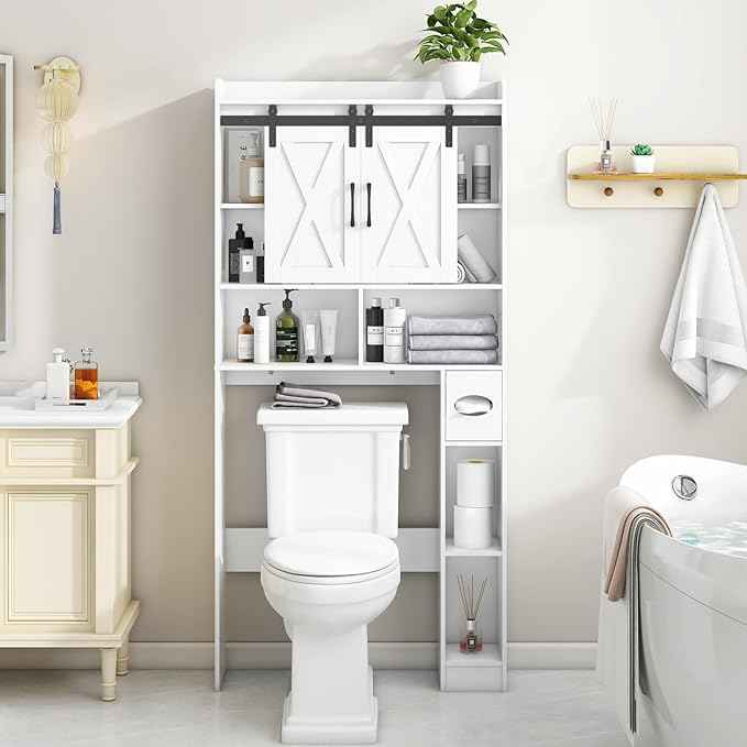 Vabches Over The Toilet Storage Cabinet, Farmhouse Storage Cabinet Over Toilet with Sliding Doors,Home Space-Saving Toilet Rack, for Bathroom, Restroom, Laundry