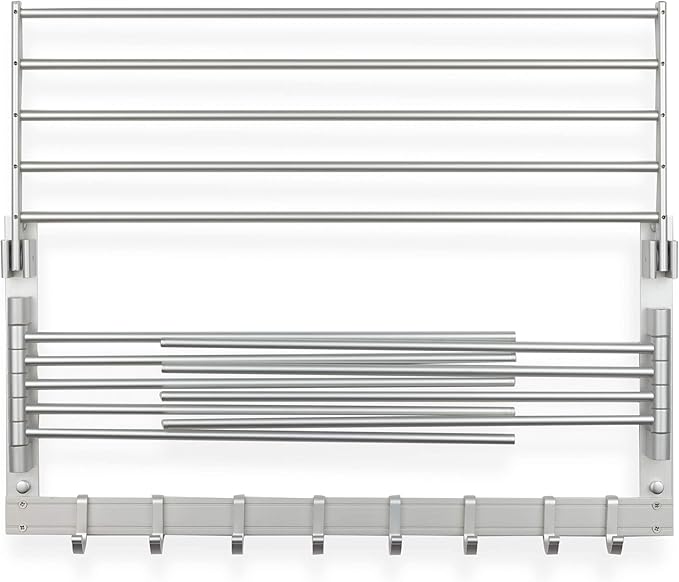 brightmaison BGT Wash Clothes Drying Rack Wall Mount Laundry Room Organizer with Hooks & Swing Arms, 24" Metal Laundry Rack Silver
