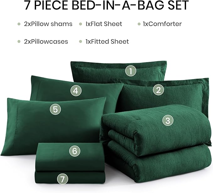 Monbix King Size Comforter Set, Emerald Green King Bedding Set Reversible, King Comforter Set 7 Pieces, Cationic Dyeing Bed in a Bag with Comforter, Sheets, Pillowcases & Shams