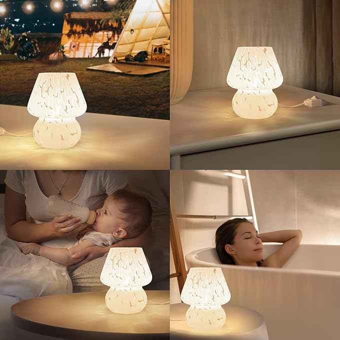 ONEWISH Cute Mushroom Lamp Small Bedside Table Lamp Set of 2 Stepless Dimmable, Translucent Glass White Nightstand Lamp for Bedroom Dorm Kids Room Living Kitchen, Murano Aesthetic Home Decor