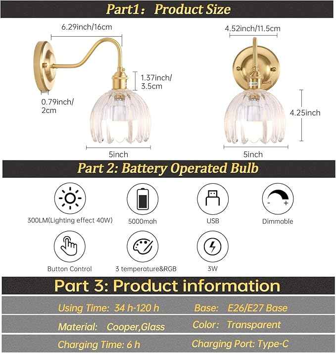 Vintage Battery Operated Wall Sconce Set of 2, 5000mAh Rechargeable Wall Light, Indoor Battery Powered Wall Lamp for Bedside Bedroom Living Room, Tulip Clear