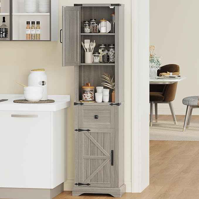 Vabches 66" Tall Farmhouse Bathroom Storage Cabinet with Barn Doors and Drawer, Narrow Storage Unit, Adjustable Shelves & 5-Tier Space, Freestanding Cabinet for Bathroom, Entryway, Kitchen, Wash Grey