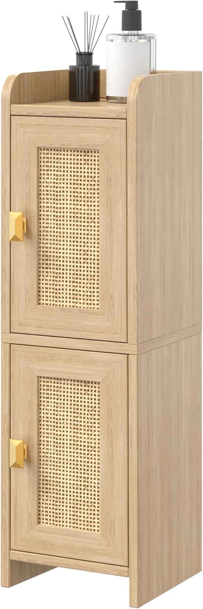 Rattan Small Bathroom Cabinet with 2 Doors, 7.9''D x 7.9''W Narrow Toilet Paper Storage Cabinet, Bathroom Organizer for Small Spaces, Wooden Slim Corner Unit with Adjustable Shelf, Natural Oak