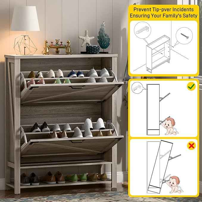 Vabches Shoe Storage Cabinet, 5-Tier Farmhouse Freestanding Organizer with 2 Flip Drawers, Wooden Shoes Rack Cabinets Storage Organizer with Doors for Entryway, Hallway, Closet, Rustic Grey