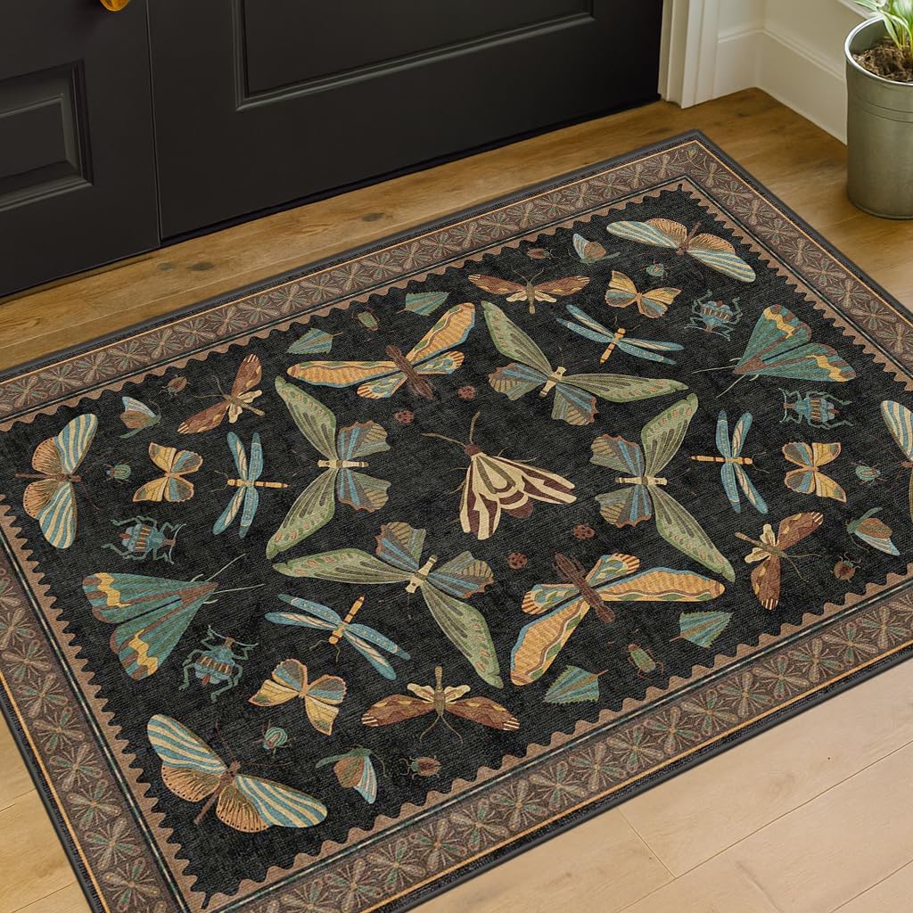 Small Black Entryway Rug - 2x3 Front Door Rug Indoor Entrance, Small Carpet for Kitchen Floor, Bathroom, Powder Room, Washable Low Pile Non Slip, Insect Print Home Décor