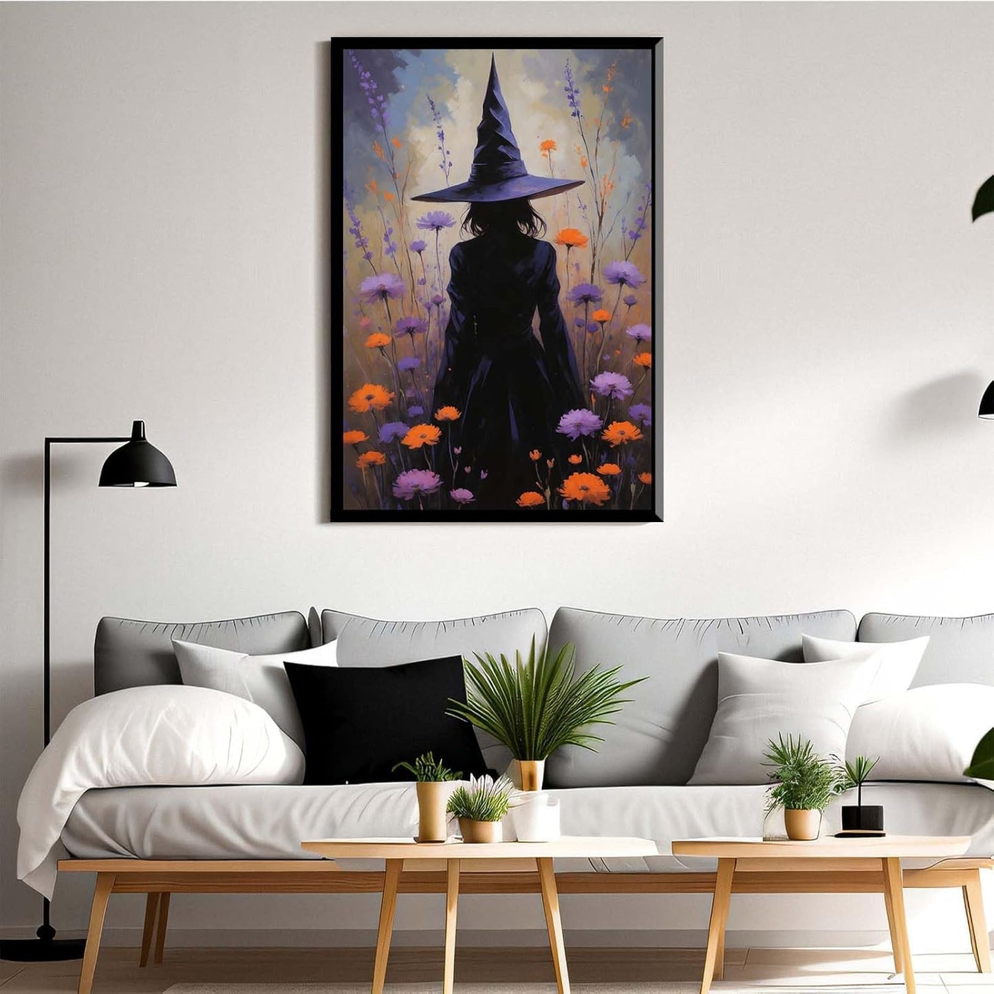 JFHCQJPK Country wildflower witch canvas print halloween mashup art witch purple decoration bohemian elegant art poster12x16in Metal blackFramed