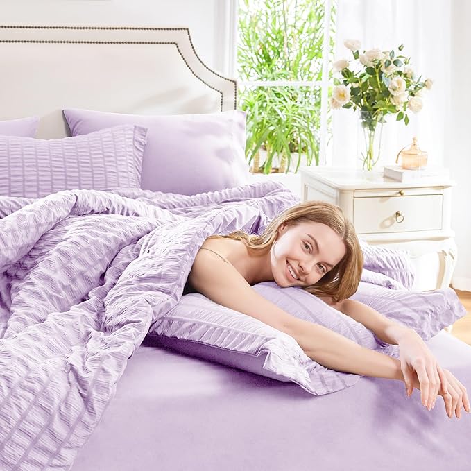 CozyLux Full Seersucker Comforter Set with Sheets Light Purple Bed in a Bag 7-Pieces All Season Lavender Bedding Sets with Comforter, Pillow Sham, Flat Sheet, Fitted Sheet, Pillowcase